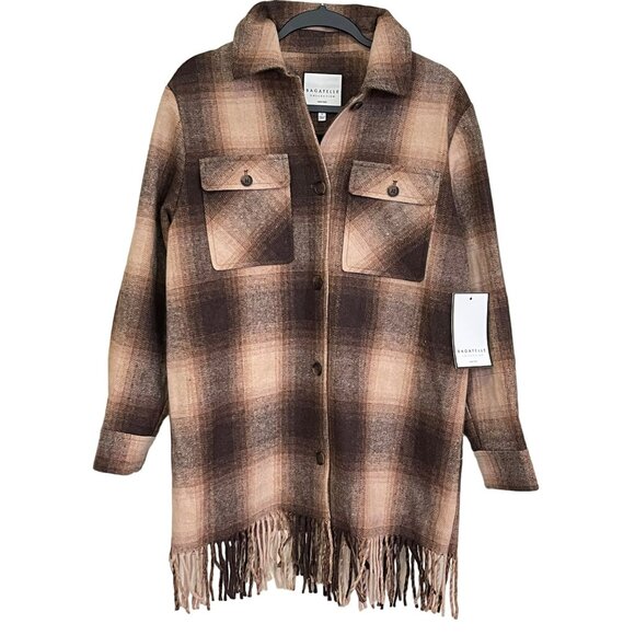 Bagatelle Brown Plaid Fringe Long Shacket Shirt Jacket Sz Small NWT - Picture 3 of 7